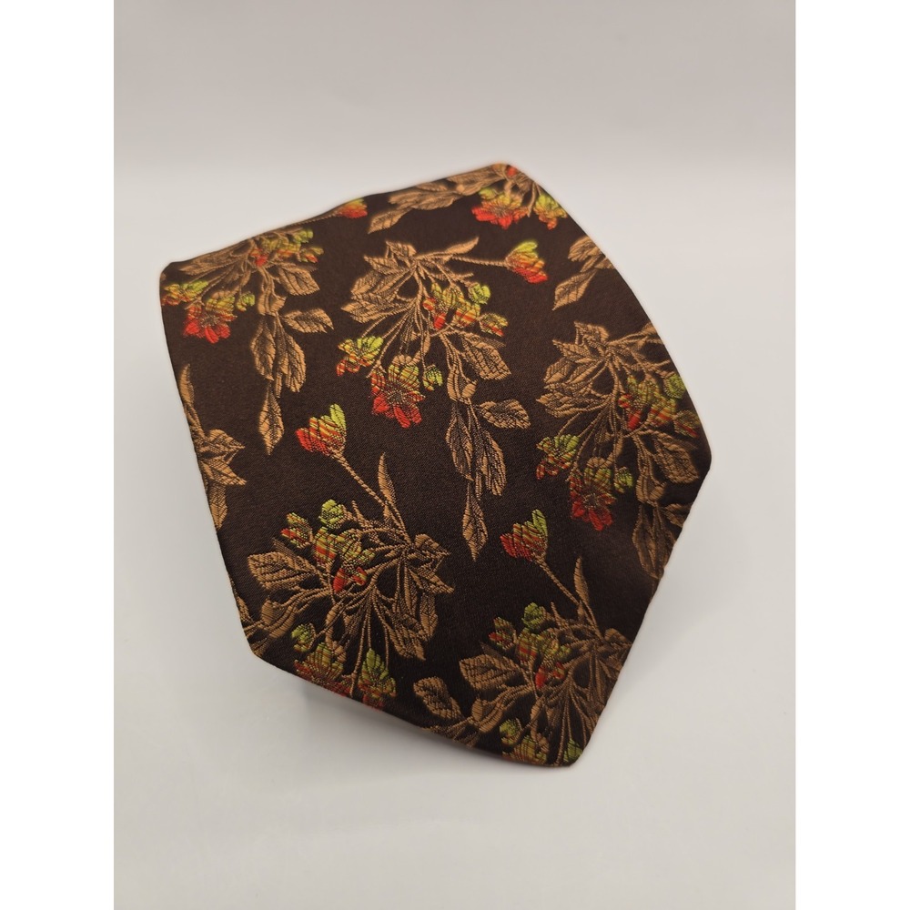 Vintage Italian Silk Tie Wide 4.5 X 56 in Embroidered Brown Fall Floral